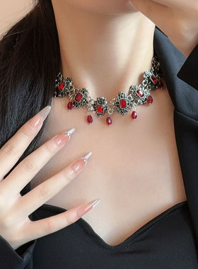 暗黑哥特choker红色水晶流苏项链