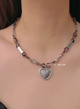 金属碎银水晶石拼接女爱心锁骨链