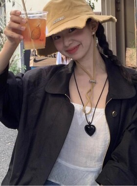 皮质黑绳长款女爱心项链毛衣链