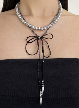 串珠黑尖晶流苏蝴蝶结多层项链
