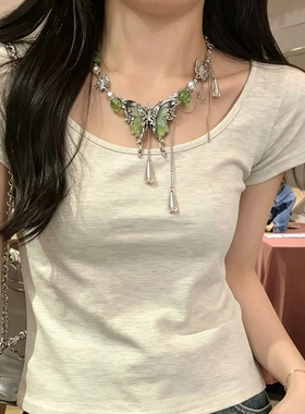 公主风绿色蝴蝶水晶流苏锁骨项链