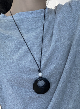 黑曜石皮绳几何圆圈项链毛衣链
