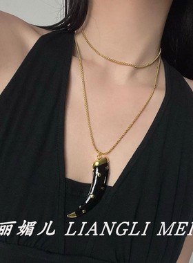 金属中古风滴油牛角吊坠项链女