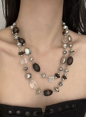 复古金属亚克力混搭水晶双层项链