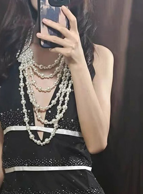 不规则仿珍珠闪钻花朵多层项链