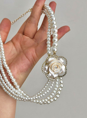 叠戴立体满钻山茶花朵珍珠项链