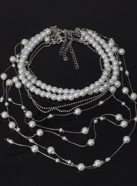 珍珠串珠多层女满天星流苏项链