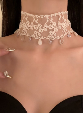 超仙纯欲白蕾丝水晶流苏锁骨项链