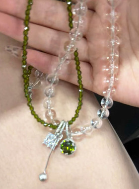 白水晶圆珠透明双层金属球项链