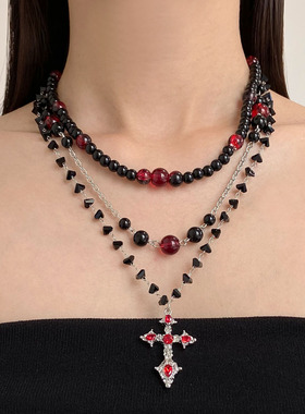 黑红串珠镶钻十字架多层流苏项链