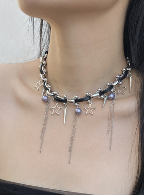 金属皮质金属链女星星流苏项链