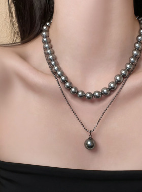 真多麻银灰色叠戴珍珠毛衣链项链