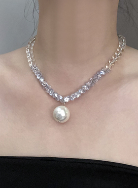 冰透水晶圆珠锆石拼钻吊坠项链女