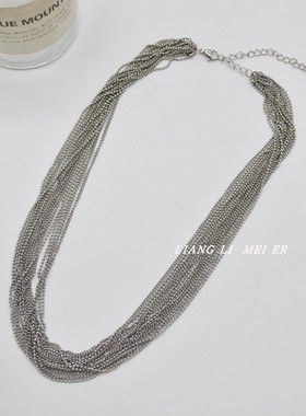 钛钢多层细女圆珠流苏锁骨项链