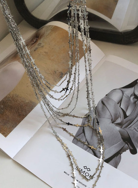 朋克时髦多层叠戴流苏十字架项链