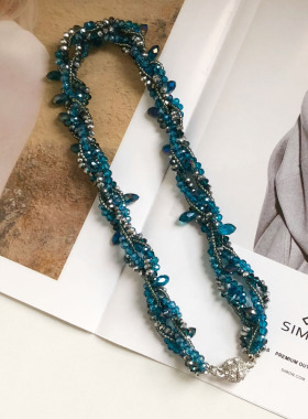 少女多层缠绕扭花水晶串珠项链