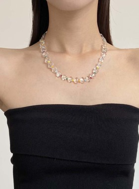 多巴胺彩虹透明爱心串珠项链女