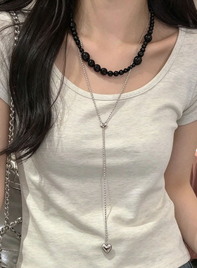 黑色玛瑙串珠叠戴爱心长流苏项链
