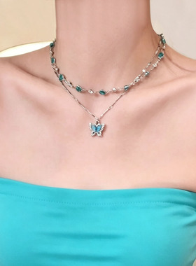 蓝色双层闪钻蝴蝶锆石吊坠项链女潮酷辣妹叠戴锁骨链轻奢颈链配饰