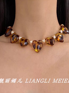 豹纹蝴蝶结双层珍珠串珠项链锁骨