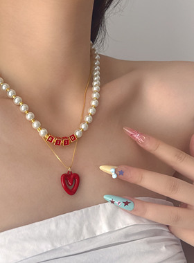 滴油黑爱心多巴胺串珠叠戴项链