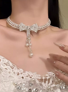 满钻闪锆蝴蝶结珍珠流苏锁骨项链