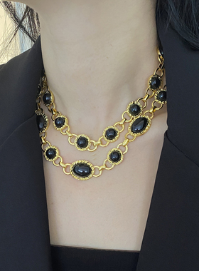 金属双层女黑色镶钻项链锁骨链