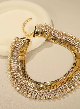 复古金色链闪钻珍珠项链锁骨链