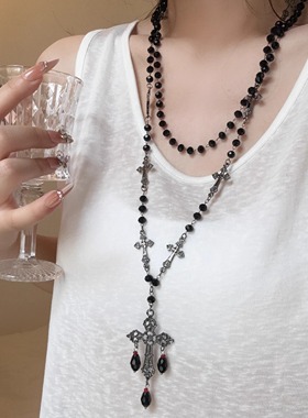 暗黑哥特风十字架串珠项链女长款
