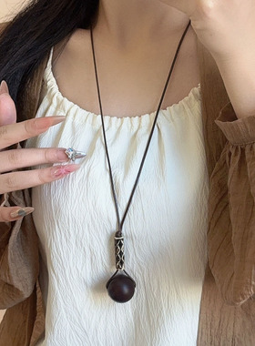 复古民族风木头几何圆球吊坠项链