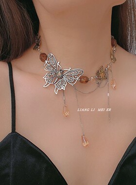水晶金属复古流苏女蝴蝶项链