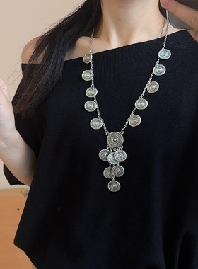 复古金属圆形金币流苏做旧项链