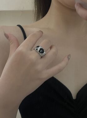 暗黑风黑色熔岩开口可调节戒指女