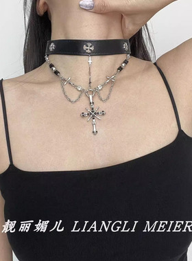 哥特式皮革项圈十字架流苏项链女