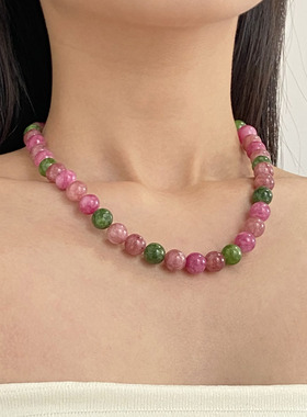 天然石玛瑙多巴胺碧玺石串珠项链