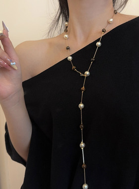 复古咖色天然虎眼石珍珠串珠项链