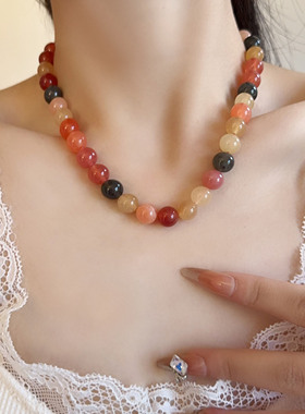 混彩天然冰透玛瑙串珠多巴胺项链