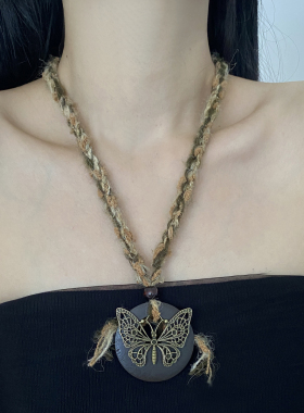 金属编绳复古蝴蝶几何毛衣链项链