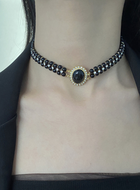 金属串珠女黑色串珠项链锁骨链