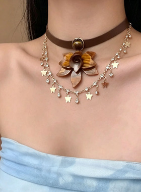 棕皮质choker咖虎眼石花朵项链女