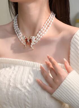 辣妹多层米粒珍珠粉色蝴蝶项链女