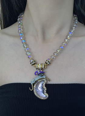 水晶串珠女浮雕月亮项链锁骨链