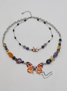 金属双层女棕色水晶蝴蝶锁骨项链