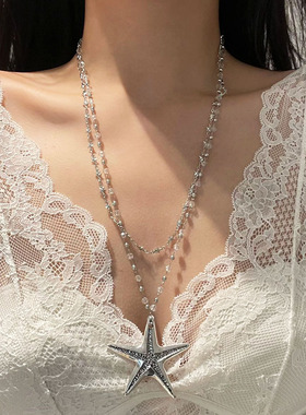 水晶串珠双层叠戴银海星吊坠项链