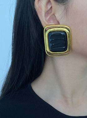 金属夸张女黑色方块耳钉耳环