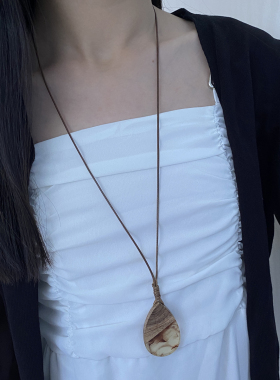 木制皮绳女水滴几何项链毛衣链