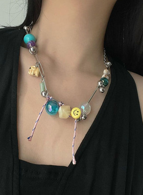 彩色多巴胺串珠项链女短款流苏