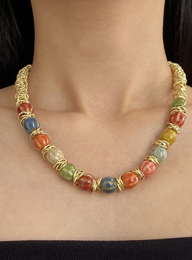 vintage中古彩色琉璃碎圈项链