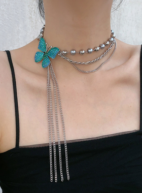金属长流苏镶钻蓝蝴蝶项链锁骨链
