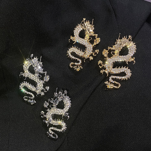 复古耳饰Vintage欧美巴洛克金属镶钻龙造型几何浮雕满钻耳钉耳环 - 图2